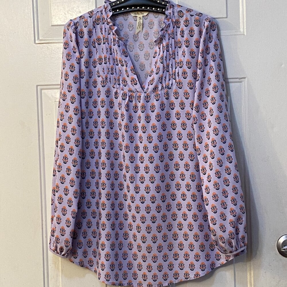 Matilda Jane Sz M Blouse Tunic Long Sleeve Lavender/Orange Floral Rayon